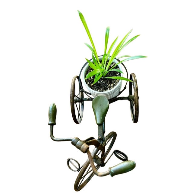 Vintage Decorative Metal Tricycle Planter With Spoked Wheels and Brass Accents For Sale - Image 4 of 17
