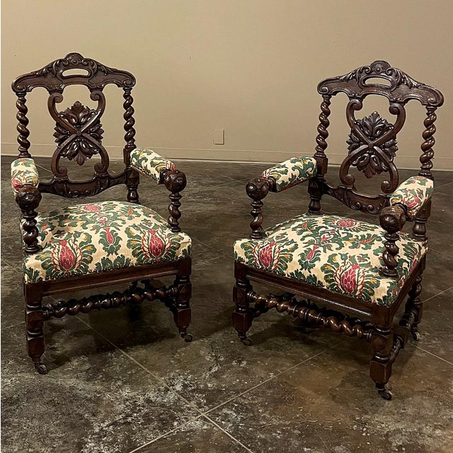 Late 19th Century Pair 19th Century Renaissance Revival / Louis XIII Style Barley Twist Armchairs in Solid Oak For Sale - Image 5 of 17