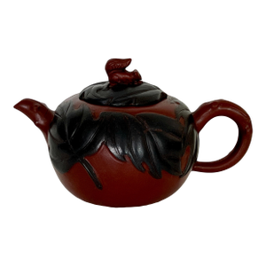 YiXing Zisha Green Leaf and Brick Red Squirrel Teapot With Branch Handle & Spout, Leaf Signed and Chopped