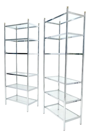 Pair of Italian 81" Tall 6 Glass Shelfs Chrome Etageres w/ Brass Finials