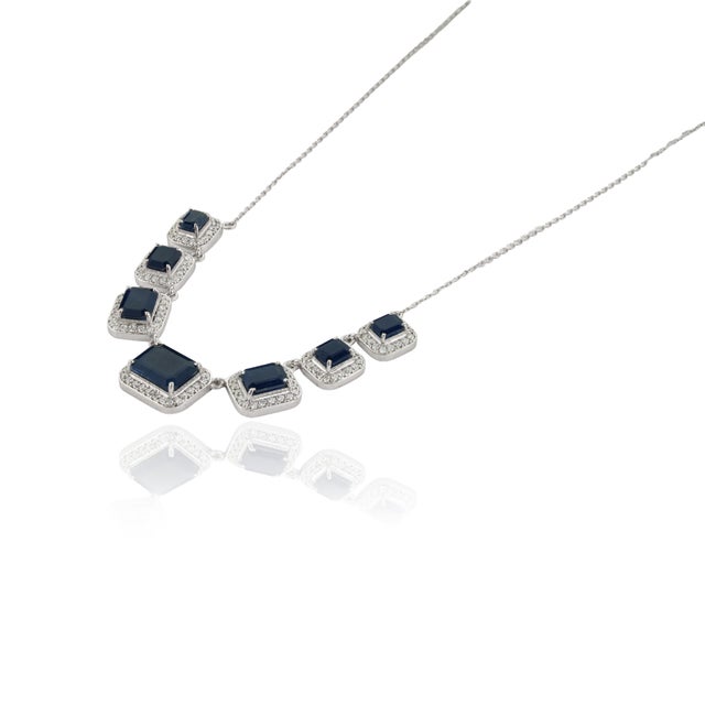 VR Jewels 7.3ct Emerald-Cut Blue Sapphire Diamond Halo Station Necklace in 14k White Gold For Sale - Image 4 of 18