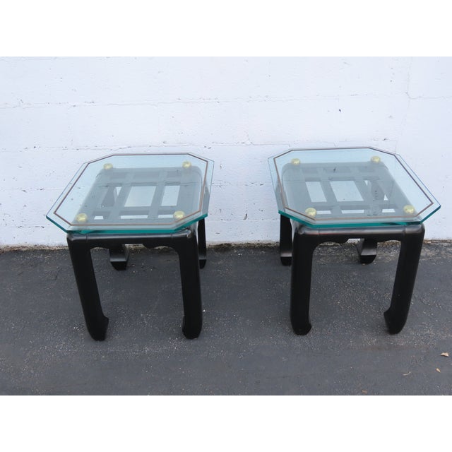 Hollywood Regency Hollywood Regency Black Painted Glass Top Side Tables a Pair 6901 For Sale - Image 3 of 18