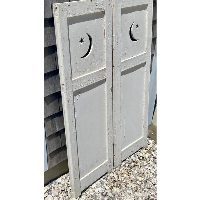 Shabby Chic 1920s Crescent Moon and Star Cut-Out Arts and Crafts Style Wood Shutters, Small - a Pair For Sale - Image 3 of 10