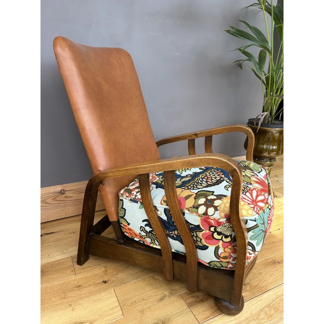 Art Deco Bentwood Armchair with Tan Leather and Chiang Mai Dragon Fabric Upholstery from Schumacher, 1930s For Sale - Image 10 of 18