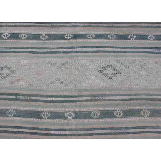 Blue Flat-Weave Kilim With Embroideries in Taupe, Green, Blue and Gray For Sale - Image 8 of 11