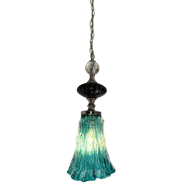 Mid-Century Modern Art Glass Aqua Black Pendant Light For Sale - Image 3 of 18