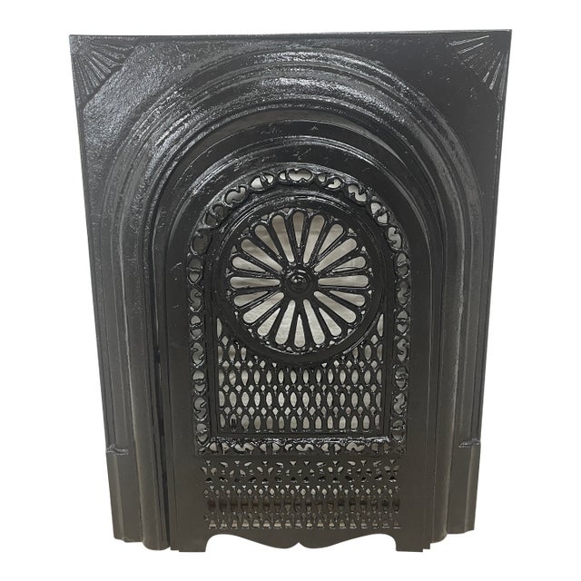 Late 19th Century Cast Iron Fireplace & Insert With Sunburst Spandrels 27" X 21" For Sale