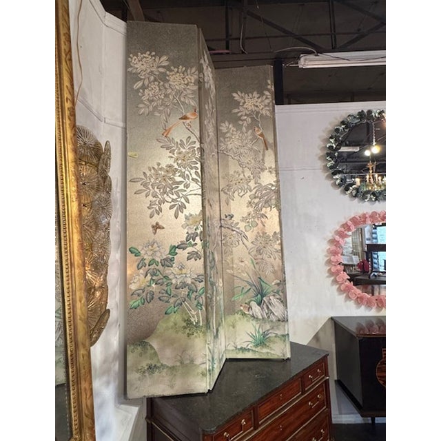 Traditional Vintage 4 Panel Gracie Screen For Sale - Image 3 of 7