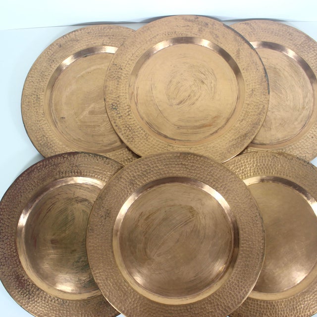 Vintage Hammered Copper Chargers With Patina, Set of 6 For Sale - Image 4 of 11