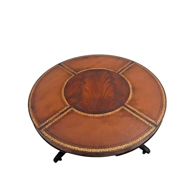 Gorgeous Vintage Round Coffee Table with a Spinning Lazy Susan style Top on Pedestal Base, Gold Embossed Leather, Caster...