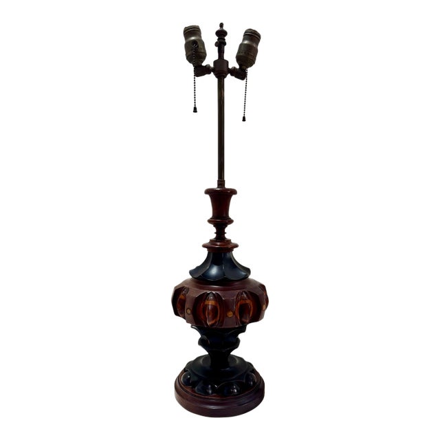 Vintage Inlaid Turned Wood Table Lamp Base Geometric Marquetry For Sale