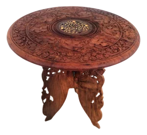 Carved Moroccan Brass Inlaid Side Table