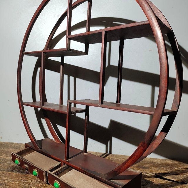 Vintage Chinese Round Rosewood Display Stand (Curio) With Drawers & Jade Accents - 60.5cm For Sale - Image 9 of 9