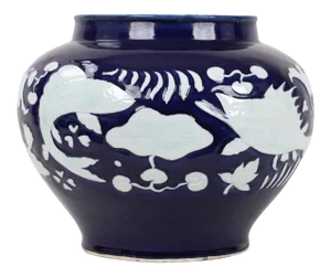 20th Century Chinese Cobalt Blue Glaze With Carved White Fish & Seaweed Design Jar