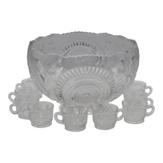 Early 20th Century Le Smith Glass Pinwheel & Stars Slewed Horseshoe Punch Bowl & 12-Cups For Sale