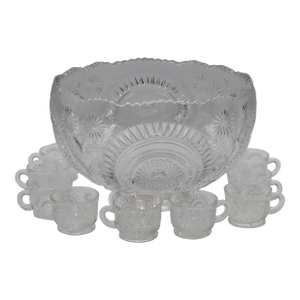 Early 20th Century Le Smith Glass Pinwheel & Stars Slewed Horseshoe Punch Bowl & 12-Cups