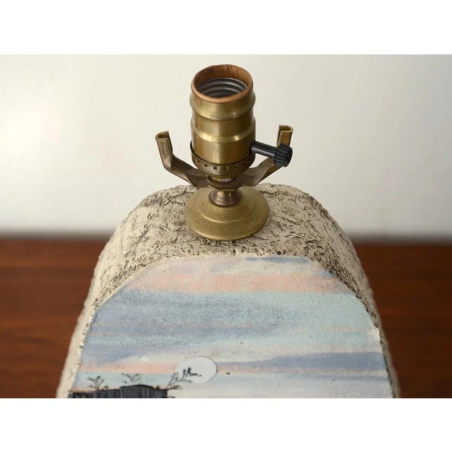 Vintage Studio Pottery Lamp With Bas Relief Landscape Design For Sale - Image 10 of 13