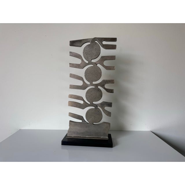 Mid-Century Modern 1980’s Vintage Brutalist Abstract Stainless Steel Sculpture on Black Marble Base For Sale - Image 3 of 12
