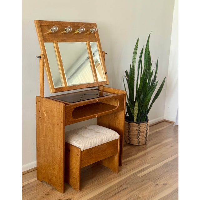 Mid-Century Modern Mid 20th Century Oak Vanity Table With Lighted Adjustable Top Mirror and Upholstered Bench For Sale - Image 3 of 17
