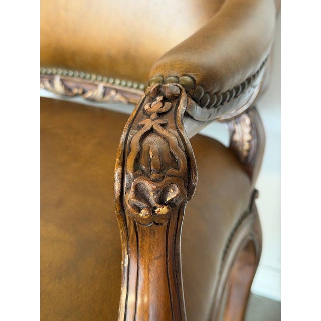 Pair of VIntage French Louis XV Cognac Leather Fauteuils For Sale - Image 13 of 18