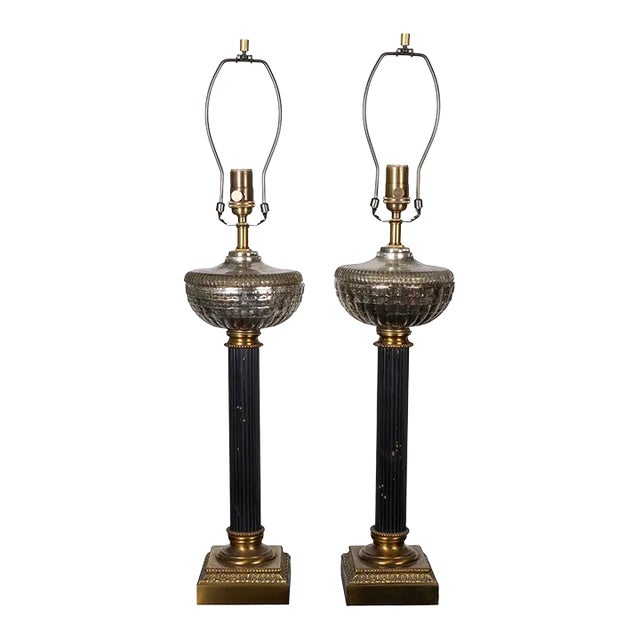 Pair of Cast Mercury Glass Columnar Table Lamps For Sale