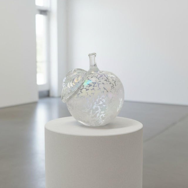 White Iridescent Art Glass Apple Paperweight-White Spatter Glass-Hand Blown-Sculpture For Sale - Image 8 of 8