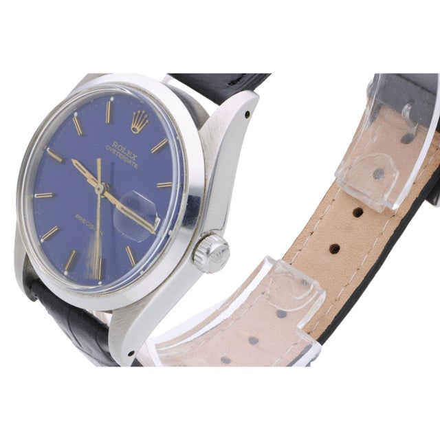 Blue Vintage Rolex Oysterdate Precision 6694 Blue Dial Steel 1977 Leather Strap Watch For Sale - Image 8 of 17