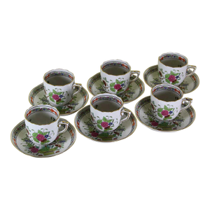 1970’s Vintage Herend Demitasse Cups & Saucers Hand-Painted With Fleurs Des Indes Colored Decoration- 12 Pieces