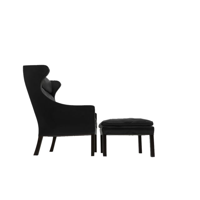 Set of Black Leather Wingchair and Ottoman by Borge Mogensen for Fredericia, 1960s For Sale