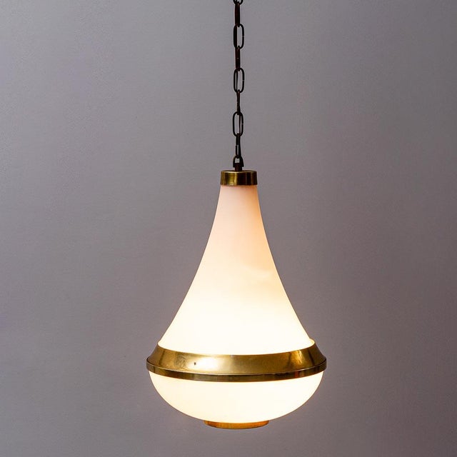 Opaline Glass and Brass Chandelier, 1950s For Sale - Image 3 of 11