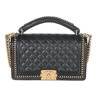Black Quilted Calfskin Interwoven Chain Top Handle Boy Bag For Sale