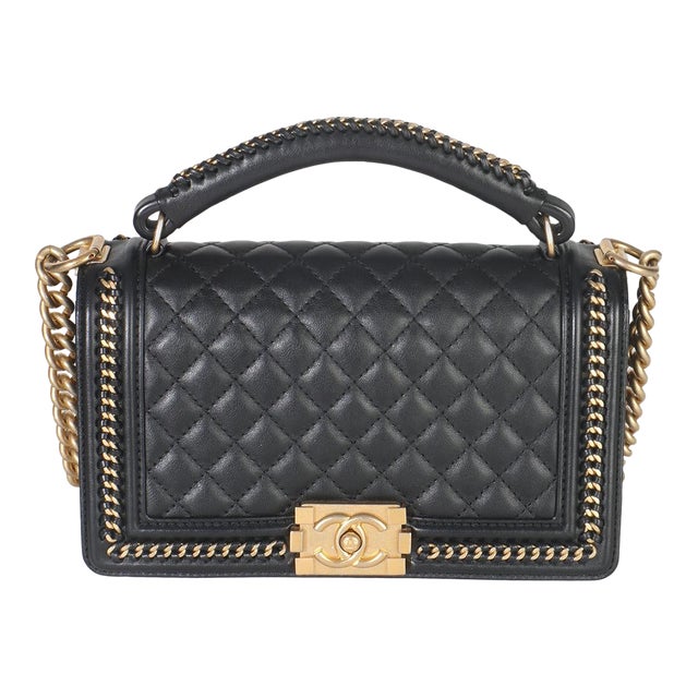 Black Quilted Calfskin Interwoven Chain Top Handle Boy Bag For Sale