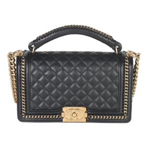 Black Quilted Calfskin Interwoven Chain Top Handle Boy Bag