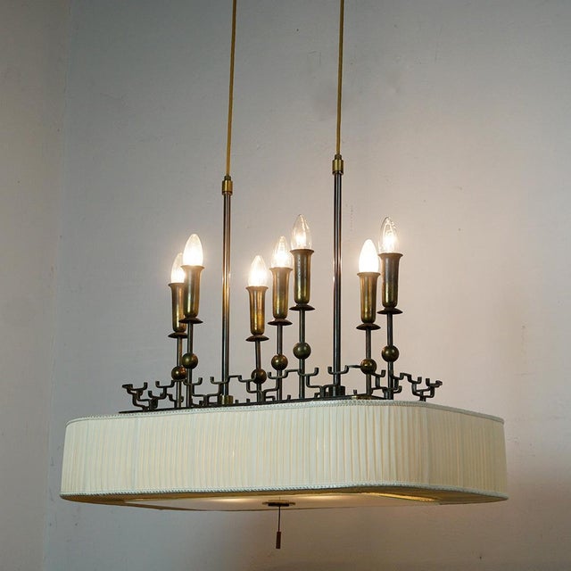 Cream Art Deco Brass and Glass Billard or Snooker Chandelier, 1950s For Sale - Image 8 of 11