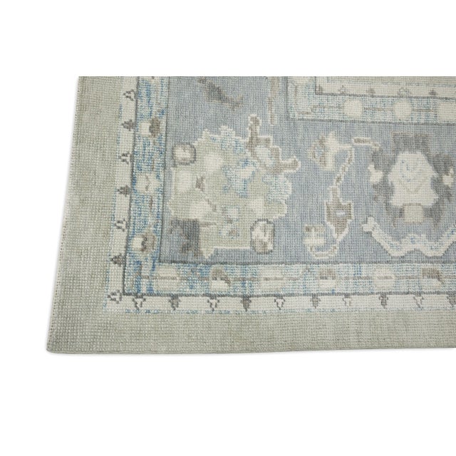 Modern Early 21st Century Green & Blue Floral Design Handwoven Wool Turkish Oushak Rug 10' X 13'11" For Sale - Image 3 of 8