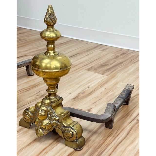 Antique French Baroque Brass Fireplace Andirons-Chenets, Pair For Sale In Kansas City - Image 6 of 7