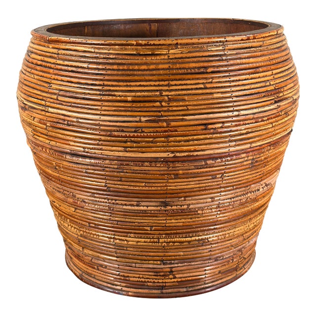 Large Vintage Pencil Reed Floor Planter Cache Pot For Sale