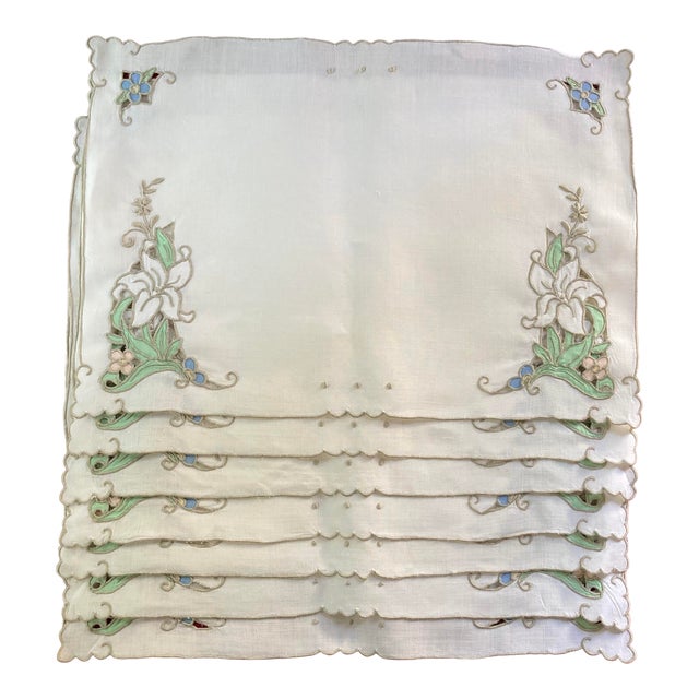 Vintage Hand-Embroidered Linen Placemats- Set of 7 For Sale