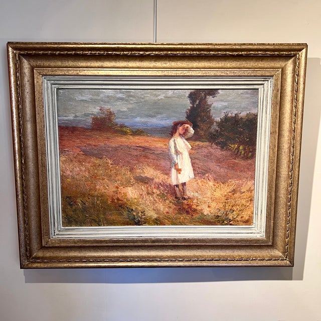 A charming impressionist landscape depicting a young girl standing amongst a field of poppies, dressed in a white summer...