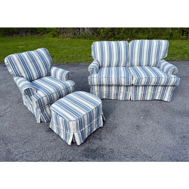 Country Coastal Cottage Style Slipcovered Loveseat, Chair and Ottoman Set by Lillian August Couture / Lee Industries For Sale In New York - Image 6 of 12