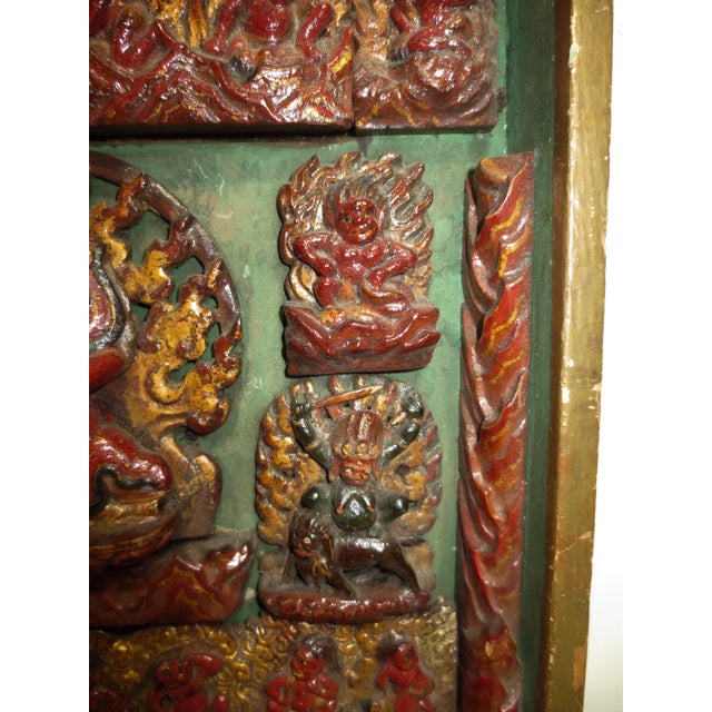 Tibetan Votive Panel of Polychromed Carved Wood. For Sale - Image 4 of 7