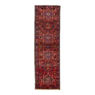 1960s Vintage Persian Heriz Red Handmade Medallion Wool Runner For Sale