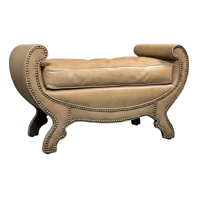 Neoclassical Saddle Color Leather and Brass Bench or Ottoman by Century For Sale