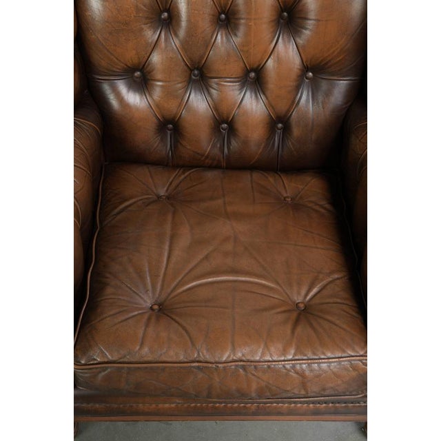 Vintage English Cowhide Chesterfield Wing Armchair For Sale - Image 6 of 13