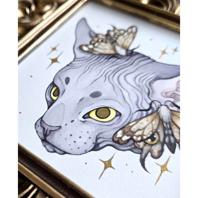 Sphynx Moths by Nana Williams | Watercolor of a Sphynx cat with moths around its head For Sale - Image 4 of 5
