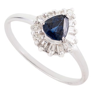VRJewels Pear Cut Blue Sapphire Diamond Halo Ring Size 5 in 14k Solid Gold For Sale