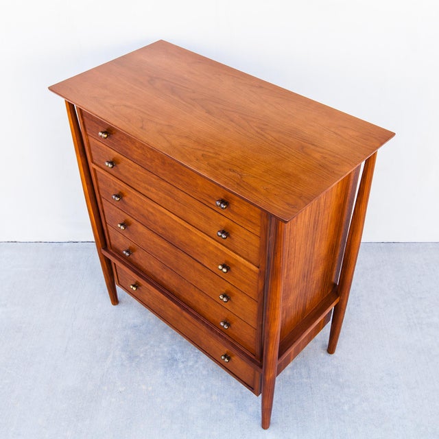 Wood Restored 1950s Mount Airy Walnut & Brass Sculptural Mid Century Highboy Dresser, Attributed For Sale - Image 7 of 14