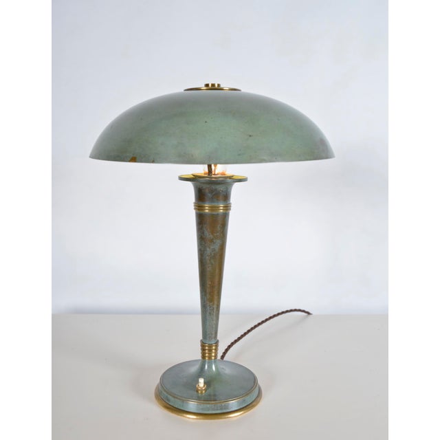 Bauhaus French Art Deco Verdigris Green Brass Mushroom Desk Light, 1930s For Sale - Image 3 of 18