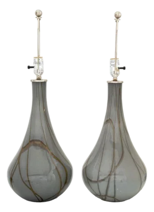 Modern Gray Glass Tear Drop Vases as Lamps, Pair