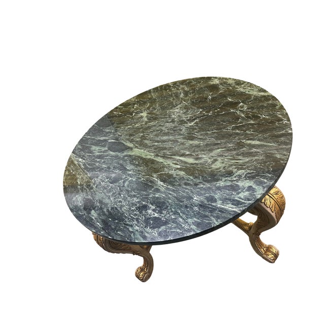 Late 20th Century Hollywood Regency Round Green Marble Top Center Table With Gilt Scroll Base For Sale - Image 9 of 9